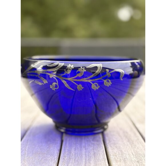 Cobalt Blue Art Glass Bowl Vase w Lily of the Valley Sterling Overlay 1950s 7” - Picture 7 of 10